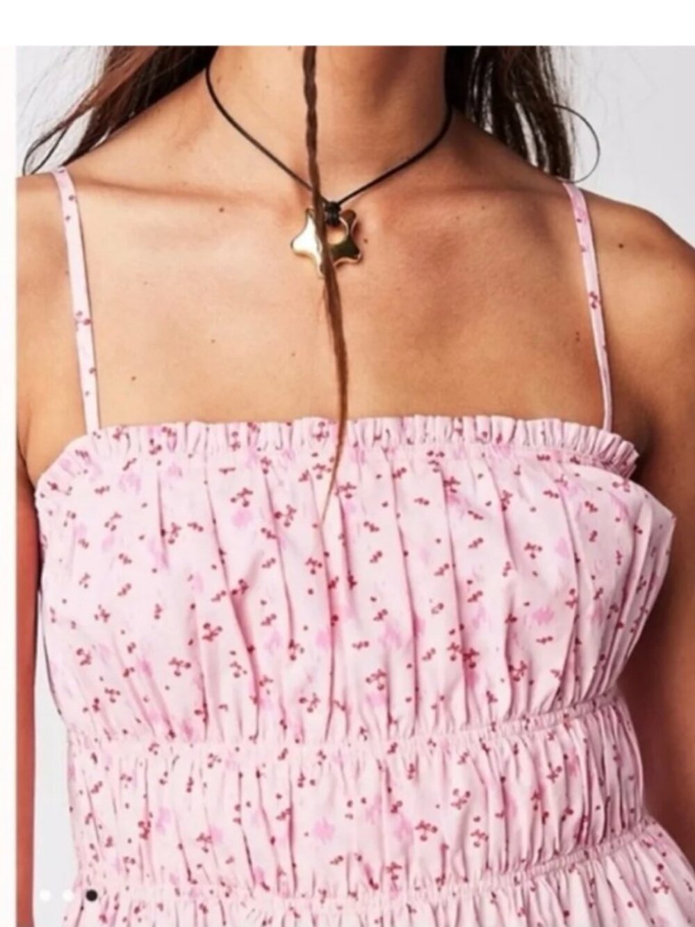 Free People Gabby Mini Dress Pink Cherry Print Size XS Boho Cottagecore Smocked - Picture 3 of 16